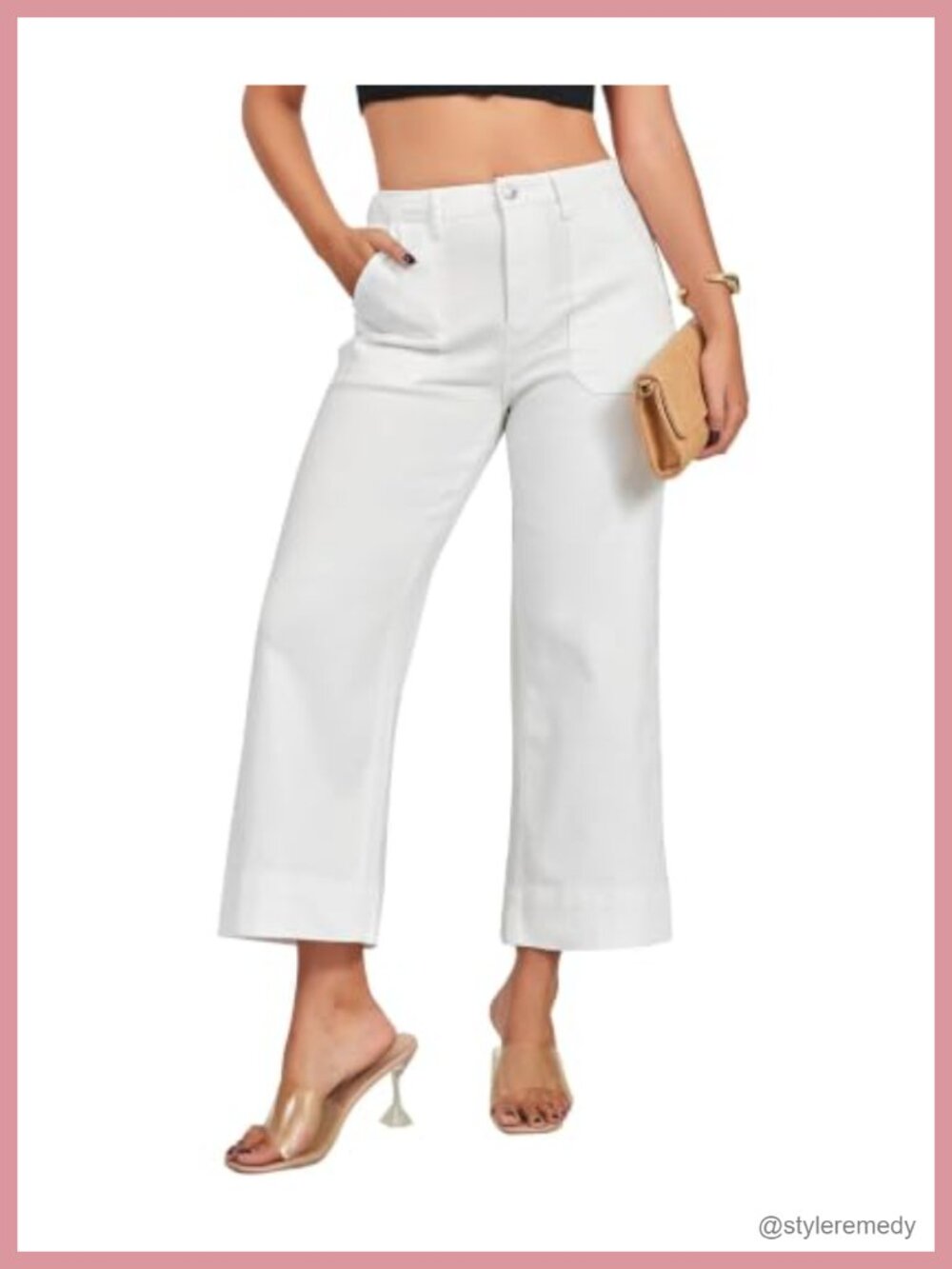 High Waisted Wide Leg Cropped Jeans Stretchy with Pockets